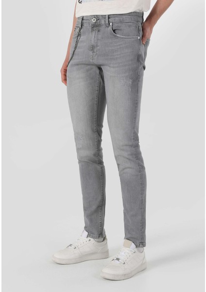 041 Danny Slim Fit Düşük Bel Dar Paça Erkek Gri Jean Pantolon
