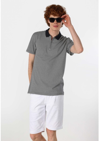 Regular Fit Polo Yaka Çizgili Erkek Lacivert Kısa Kol Tişört