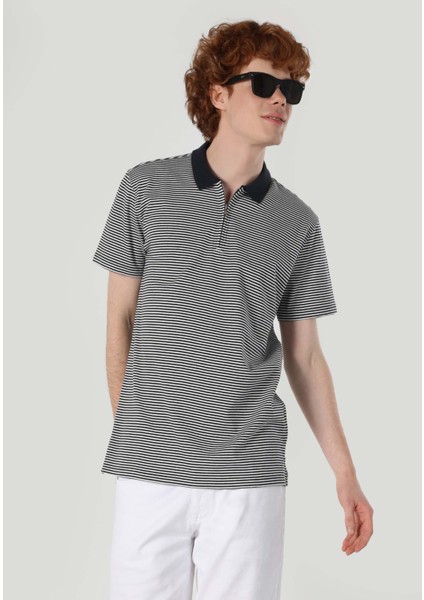 Regular Fit Polo Yaka Çizgili Erkek Lacivert Kısa Kol Tişört fırsatları