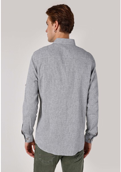 Regular Fit Shirt Neck Düz Erkek Yeşil Uzun Kol Gömlek