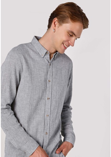 Regular Fit Shirt Neck Düz Erkek Yeşil Uzun Kol Gömlek