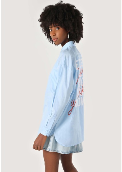 Relaxed Fit Shirt Neck Baskılı Kadın Mavi Uzun Kol Gömlek