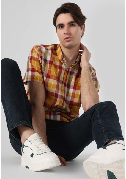 Regular Fit Shirt Neck Ekoseli Erkek Çok Renkli Kısa Kol Gömlek