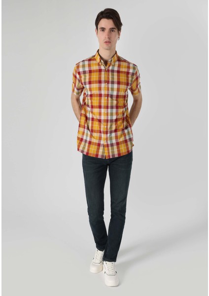 Regular Fit Shirt Neck Ekoseli Erkek Çok Renkli Kısa Kol Gömlek