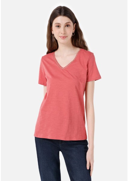 Regular Fit V Yaka Kadın Turuncu Kısa Kol Tişört Cl1063419