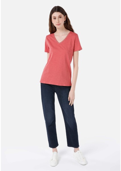 Regular Fit V Yaka Kadın Turuncu Kısa Kol Tişört Cl1063419