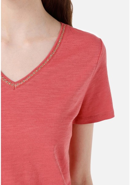 Regular Fit V Yaka Kadın Turuncu Kısa Kol Tişört Cl1063419