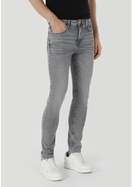 035 Ryan Skinny Fit Yüksel Bel Dar Paça Erkek Gri Jean Pantolon