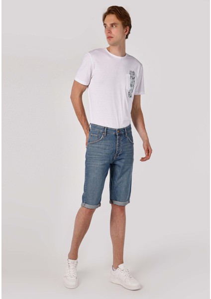 Anti Fit Orta Bel Düz Erkek Mavi Jean Şort