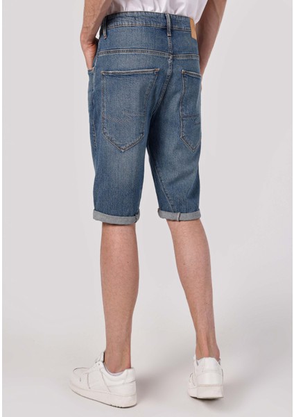 Anti Fit Orta Bel Düz Erkek Mavi Jean Şort