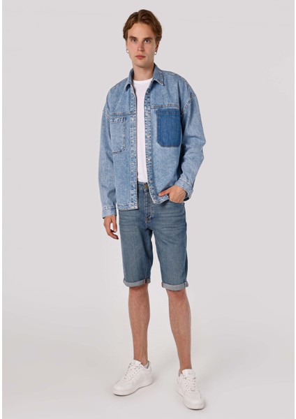Anti Fit Orta Bel Düz Erkek Mavi Jean Şort