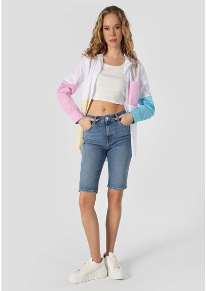 Yüksek Bel Slim Straight Fit Düz Paça Mavi Kadın Şort CL1063580