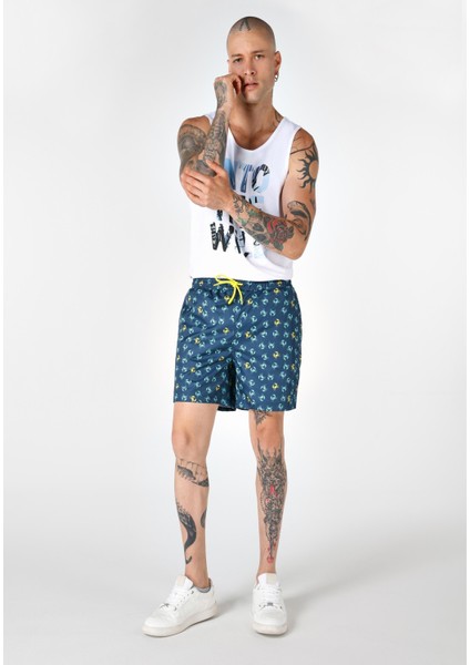 Slim Fit Baskılı Erkek Lacivert Deniz Şortu