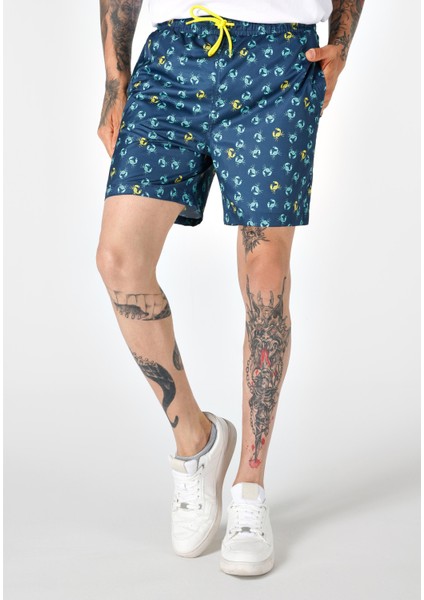 Slim Fit Baskılı Erkek Lacivert Deniz Şortu