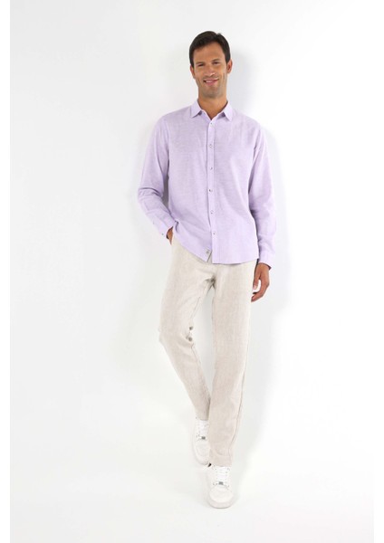 Comfort Fit Shirt Neck Düz Erkek Mor Uzun Kol Gömlek