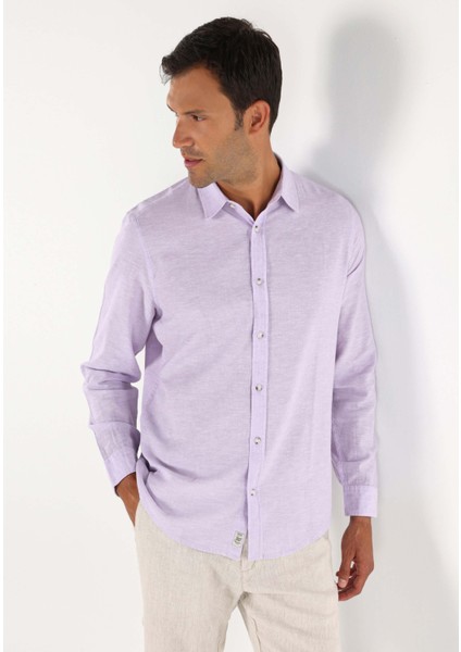 Comfort Fit Shirt Neck Düz Erkek Mor Uzun Kol Gömlek