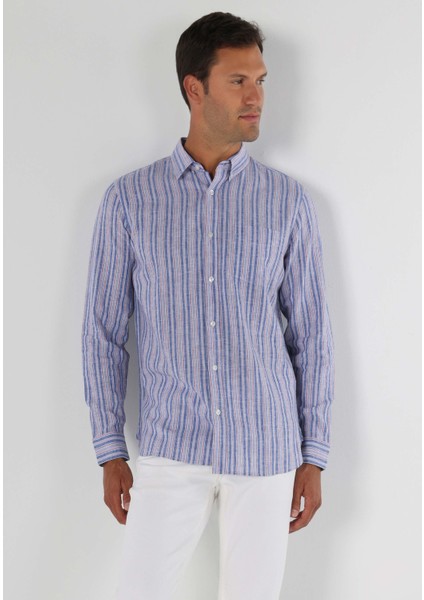 Regular Fit Shirt Neck Çizgili Erkek Mavi Uzun Kol Gömlek