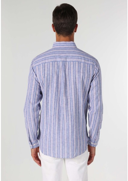 Regular Fit Shirt Neck Çizgili Erkek Mavi Uzun Kol Gömlek
