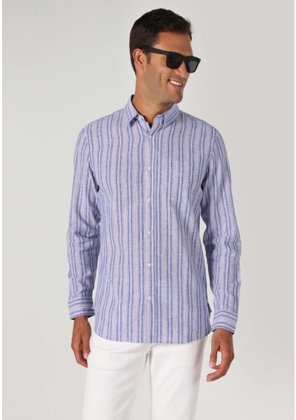 Regular Fit Shirt Neck Çizgili Erkek Mavi Uzun Kol Gömlek