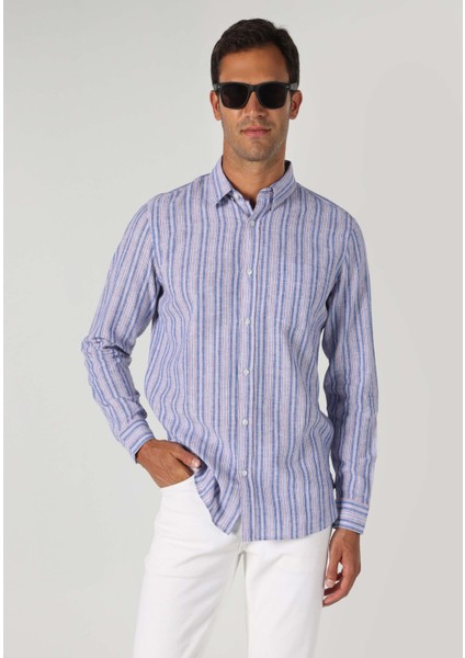 Regular Fit Shirt Neck Çizgili Erkek Mavi Uzun Kol Gömlek