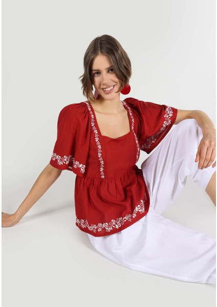 Slim Fit Kare Yaka Çiçekli Kadın Kahverengi Kısa Kol Gömlek indirimleri