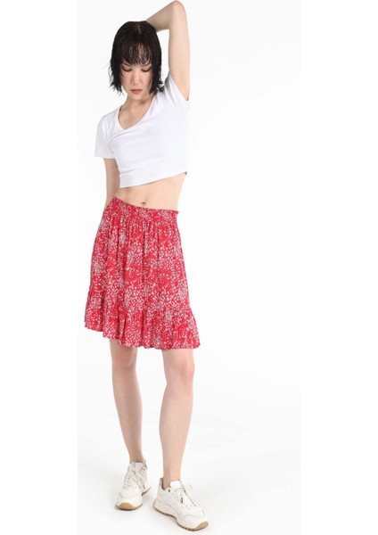 Mini Skirt Çiçekli Kadın Kirmizi Etek