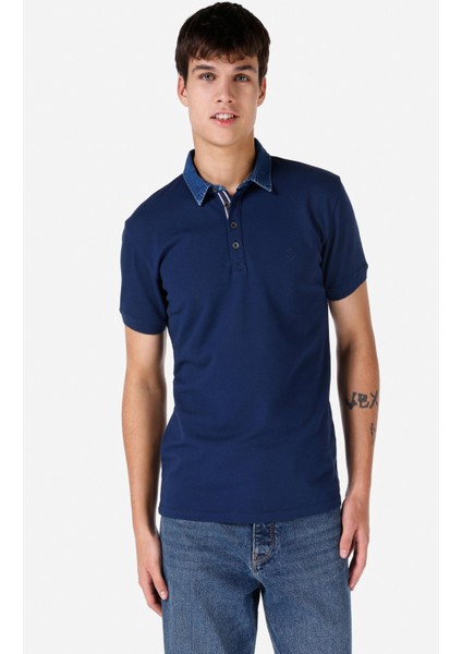 Slim Fit Düğmeli Lacivert Erkek Polo Yaka Kısa Kol Tişört