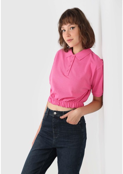 Regular Fit Polo Yaka Düz Kadın Pembe Kısa Kol Tişört
