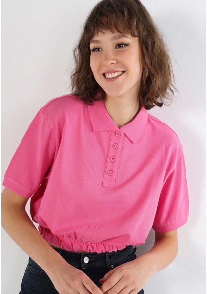Regular Fit Polo Yaka Düz Kadın Pembe Kısa Kol Tişört modelleri