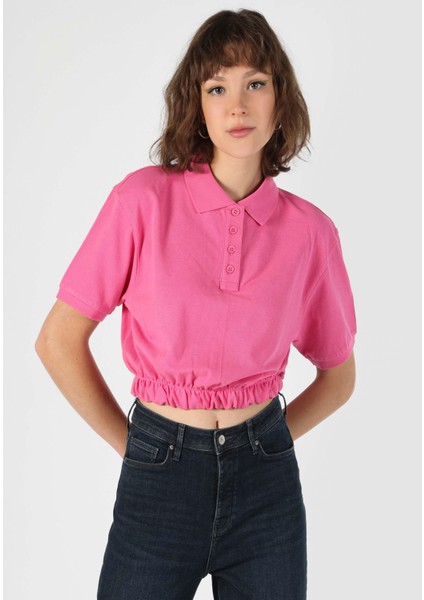 Regular Fit Polo Yaka Düz Kadın Pembe Kısa Kol Tişört fırsatları