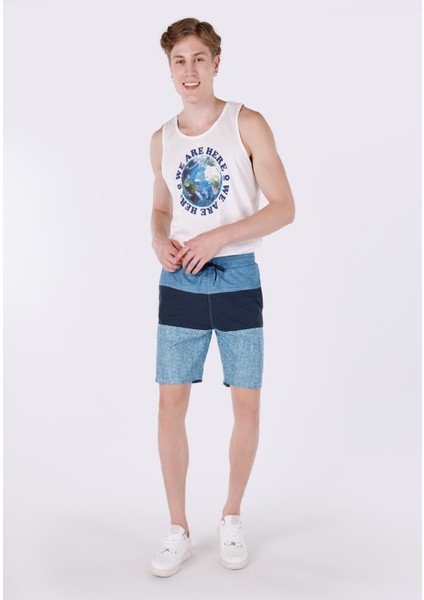 Slim Fit Baskılı Erkek Mavi Deniz Şortu
