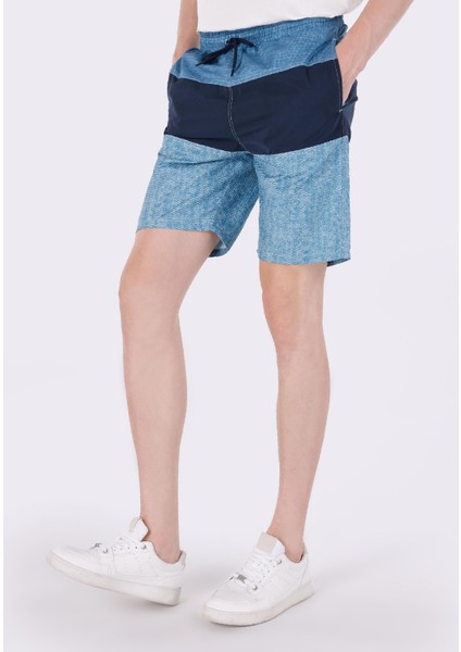 Slim Fit Baskılı Erkek Mavi Deniz Şortu