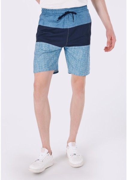 Slim Fit Baskılı Erkek Mavi Deniz Şortu