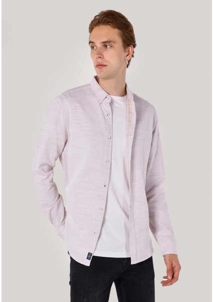 Slim Fit Shirt Neck Düz Erkek Bej Uzun Kol Gömlek