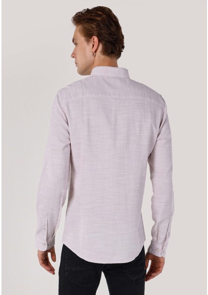 Slim Fit Shirt Neck Düz Erkek Bej Uzun Kol Gömlek