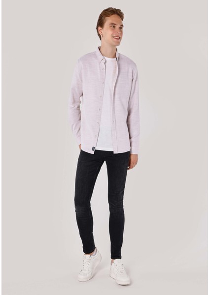 Slim Fit Shirt Neck Düz Erkek Bej Uzun Kol Gömlek