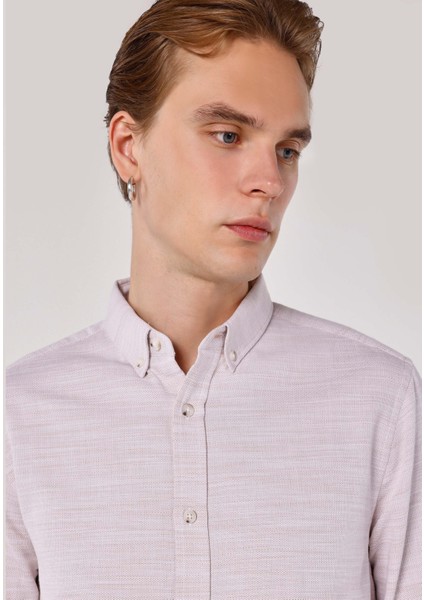 Slim Fit Shirt Neck Düz Erkek Bej Uzun Kol Gömlek