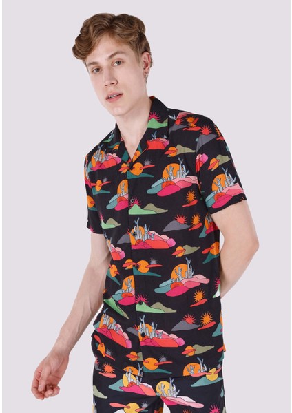 Regular Fit Shirt Neck Baskılı Erkek Çok Renkli Kısa Kol Gömlek