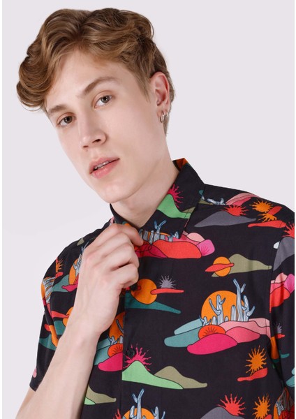 Regular Fit Shirt Neck Baskılı Erkek Çok Renkli Kısa Kol Gömlek fırsatları