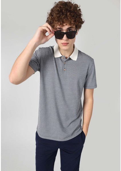 Regular Fit Polo Yaka Jakarlı Erkek Mavi Kısa Kol Tişört