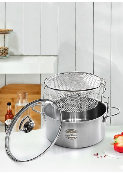 Cam kapaklı, 3 parçalı çelik kızartma tenceresi, 20x12 cm, 3,1 lt, BPA free, şık gri