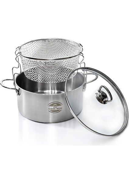 Cam kapaklı, 3 parçalı çelik kızartma tenceresi, 20x12 cm, 3,1 lt, BPA free, şık gri