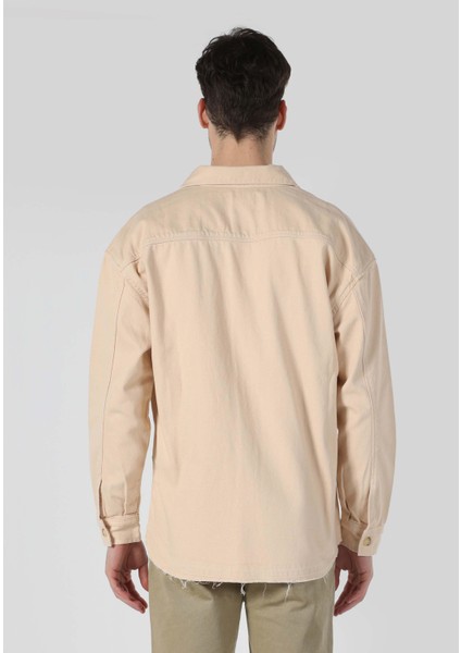 Oversize Fit Klasik Yaka Düz Erkek Bej Uzun Kol Gömlek
