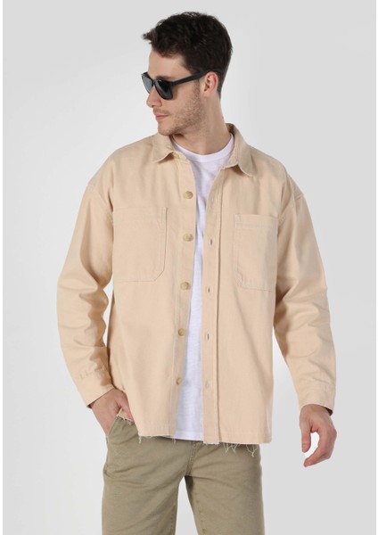 Oversize Fit Klasik Yaka Düz Erkek Bej Uzun Kol Gömlek