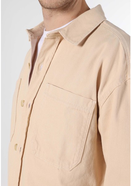 Oversize Fit Klasik Yaka Düz Erkek Bej Uzun Kol Gömlek