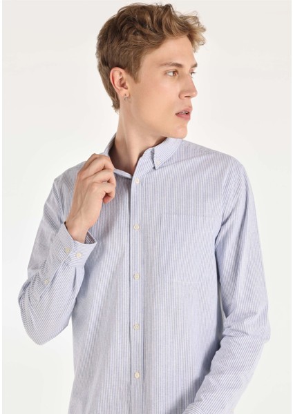 Regular Fit Shirt Neck Çizgili Erkek Mavi Uzun Kol Gömlek