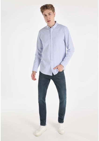 Regular Fit Shirt Neck Çizgili Erkek Mavi Uzun Kol Gömlek