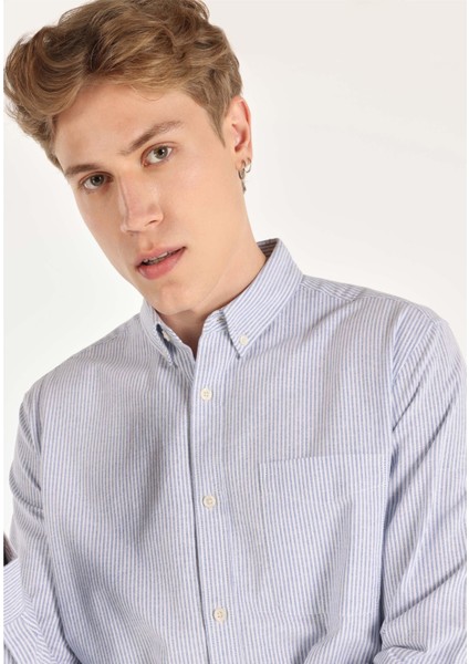Regular Fit Shirt Neck Çizgili Erkek Mavi Uzun Kol Gömlek