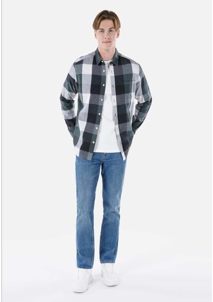Regular Fit Shirt Neck Kareli Erkek Yeşil Uzun Kol Gömlek modelleri