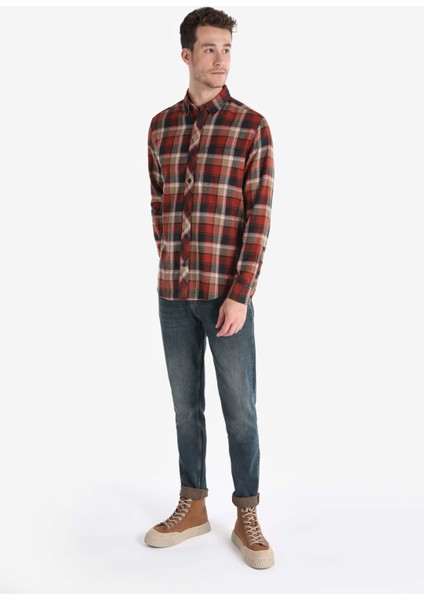 Regular Fit Shirt Neck Ekoseli Erkek Turuncu Uzun Kol Gömlek
